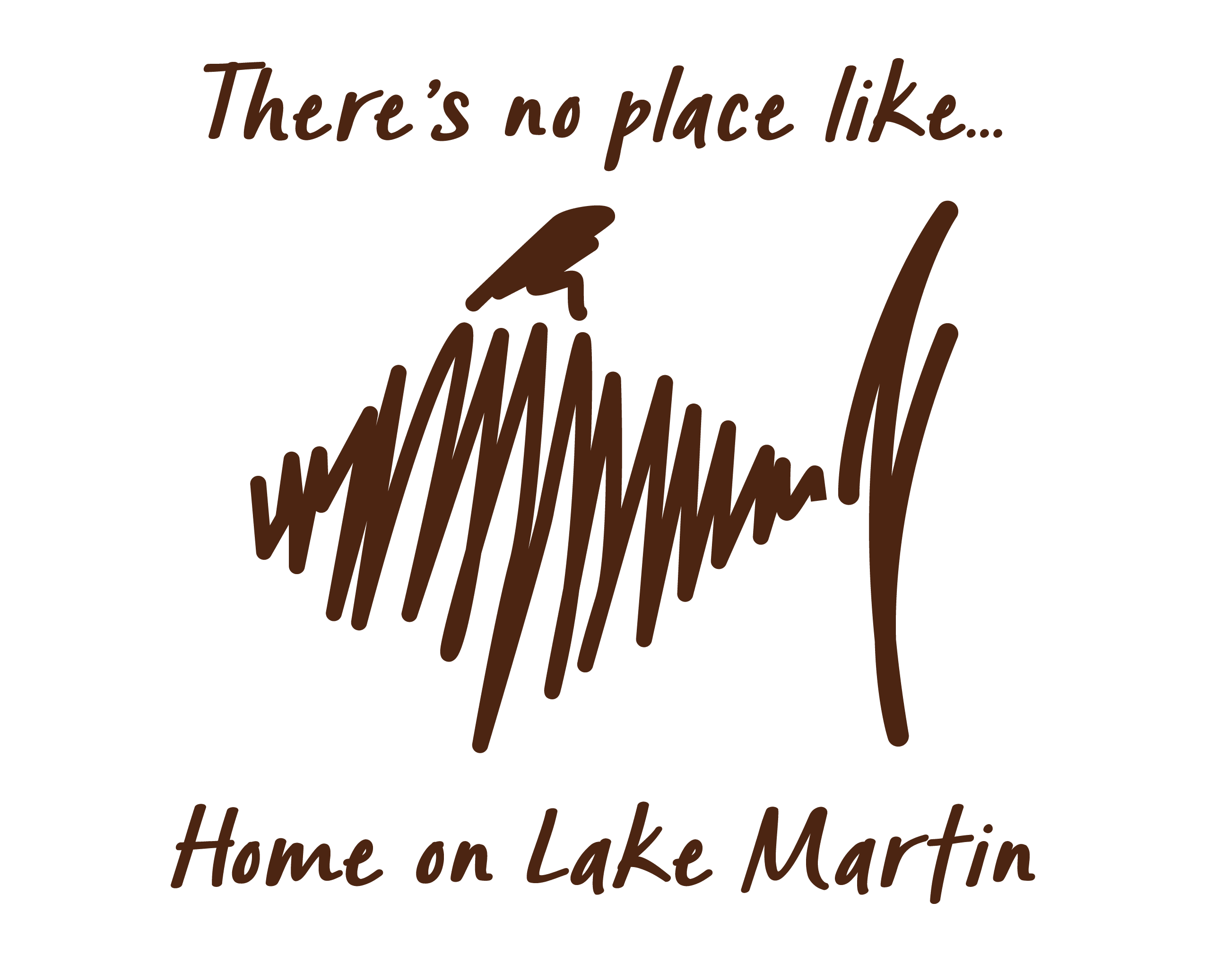 Green background with brown text and an abstract drawing of a fish. Text reads, "There's no place like... Home on Lake Martin.