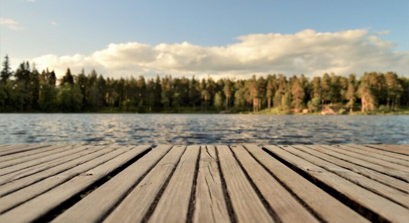 Wooden dock overlooking a lake and forest.