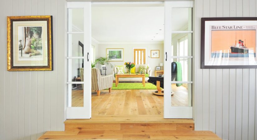 White door entryway with hardwood floor.